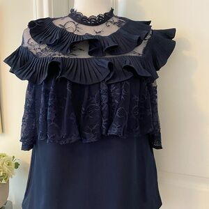NWOT Gracia Navy Blue Could Shoulder Ruffle and Lace Top, Size S
